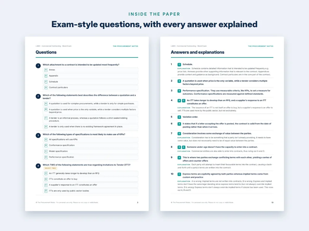 Inside a mock exam: questions on the left, answers and explanations on the right